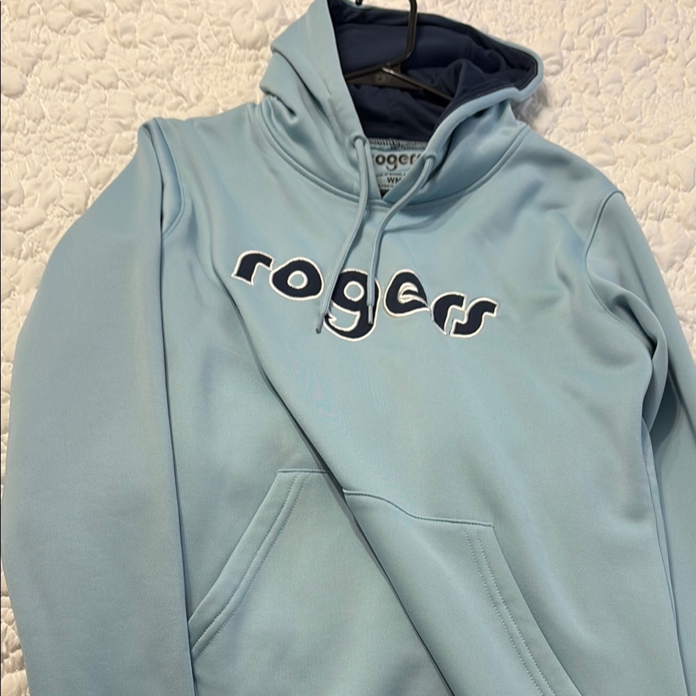 Light Blue Sweater with Modern Text Design